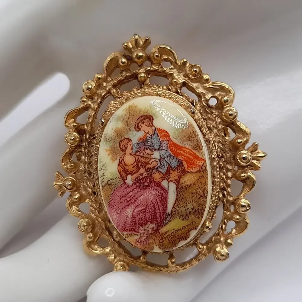 Vintage Courting Couple Porcelain Enamel Pin Brooch, 1960s, Signed
